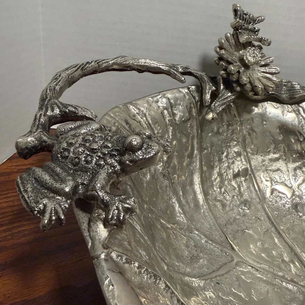 Aluminum Leaf Bowl Frog Flower Butterfly Nature Serving‎ Dish Silver Boho Decor